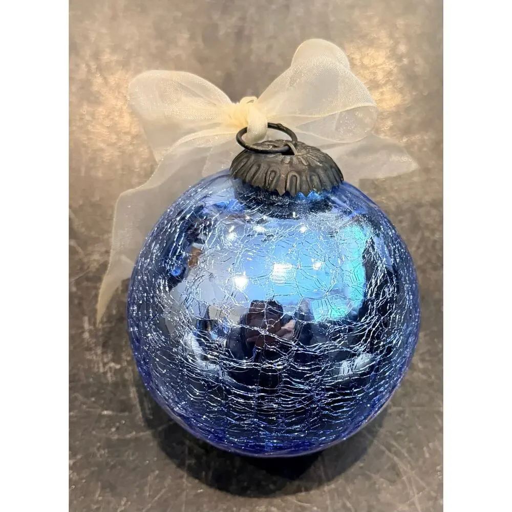Heavy Crackle Glass German Kugel Ornament Ice Blue 9oz Blown Glass & Table Stand